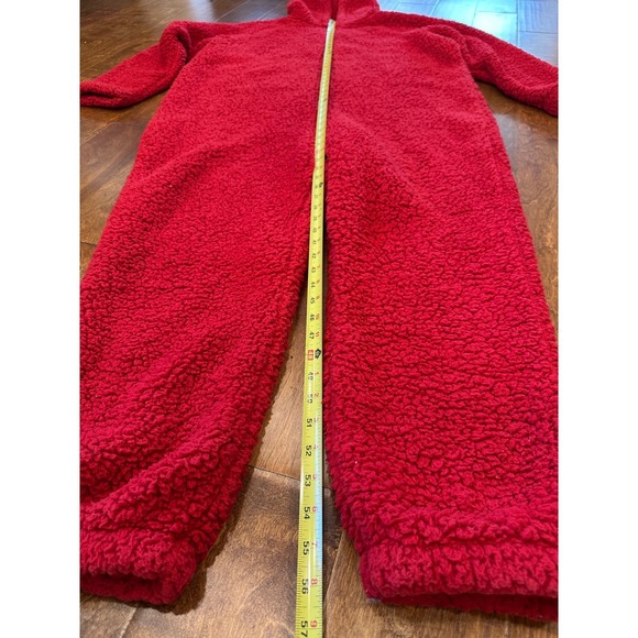 Eddie Bauer Plush Camp Suit Hooded Jumpsuit Sz L Sherpa Fleece Red Teddy Bear - Picture 5 of 15